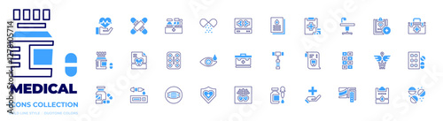 Medical icon collection. Bold line style. Duotone colors. medical insurance, medical report, medication, x ray, medical symbol, medical, medical kit, medical history, medical test, x rays, use mask