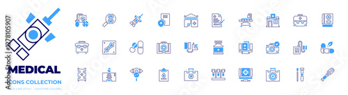 Medical icon collection. Bold line style. Duotone colors. pharmacy, medical prescription, medicine, blood test, medical history, medical, x ray, x rays, pills, health insurance, bag.