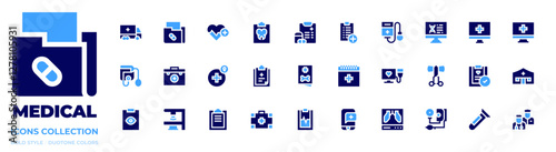 Medical icon collection. Bold style. Duotone colors. delivery, serum, tonometer, online pharmacy, heart beat, clipboard, tent, eye exam, health check, oncology, blood, health, dna, blood test, x rays