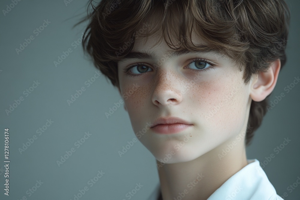 Young boy with green eyes and curly hair captures attention with thoughtful expression in a neutral setting Young boy with green eyes and curly hair captures attention with thoughtful expression in a neutral setting