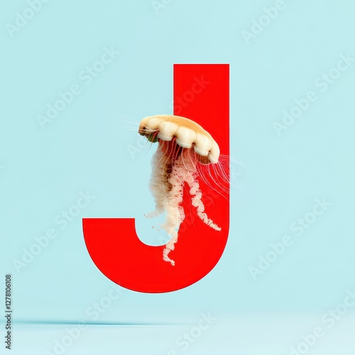3D animal alphabet concept. A whimsical jellyfish floating in front of a bold red letter J on a light blue background.
