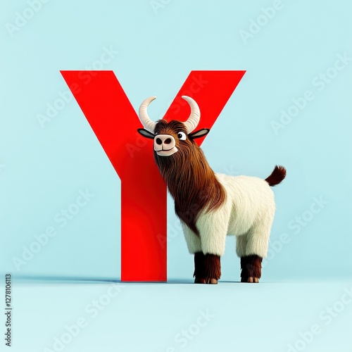 3D animal alphabet concept. Cute cartoon animal standing next to a large letter Y on a light blue background.