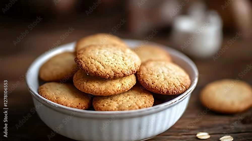 Baked Cookies in White Bowl on Wooden Table Baked Cookies in White Bowl on Wooden Table