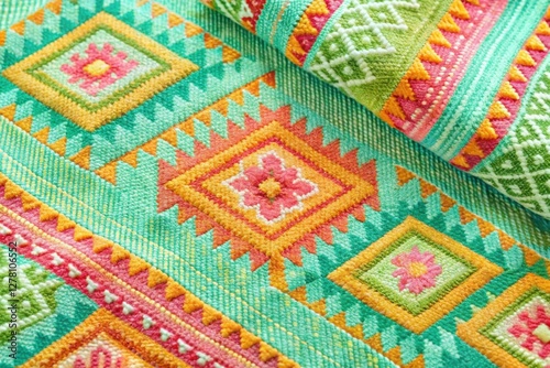 Vibrant Textile with Geometric Patterns and Floral Accents in a Multicolored Design