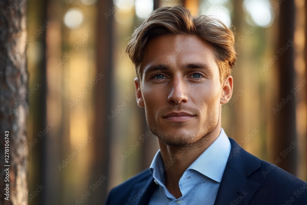 Young man poses confidently in a suit amidst serene woodland during golden hour lighting Young man poses confidently in a suit amidst serene woodland during golden hour lighting
