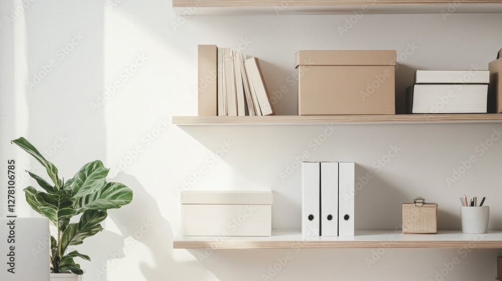 A floating shelf in a bright office space, showcasing stylish storage boxes and books.