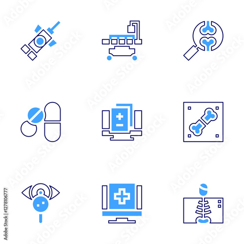 Medical icon set. Bold line style. Duotone colors. Editable stroke. medical history, medical, x ray, x rays, cannula, medicines, stretcher, eye