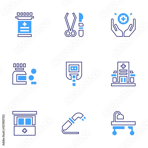 Medical icon set. Bold line style. Duotone colors. Editable stroke. medication, medical service, surgery tools, sugar blood level, health, suction, hospital, operating, medicine