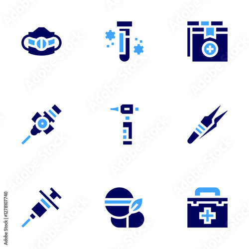 Medical icon set. Bold style. Duotone colors. face mask, cannula, vaccine, covid test, otoscope, medicine, box, forceps, first aid kit