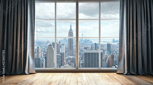 A grand window with heavy textured curtains drawn to the sides, revealing a scenic city skyline.