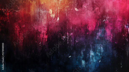 Abstract painting features vibrant colors and textured details in composition