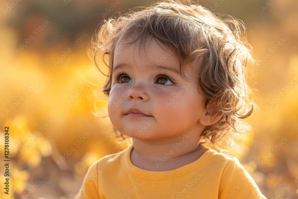 Curly-haired toddler gazing at golden flowers in a sunlit field during autumn Curly-haired toddler gazing at golden flowers in a sunlit field during autumn