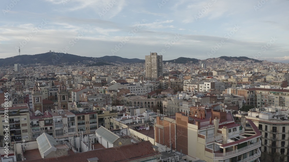 Panoramic view of the blocks with residential apartment buildings from a bird's-eye view. Drone video on a sunny day Panoramic view of the blocks with residential apartment buildings from a bird's-eye view. Drone video on a sunny day