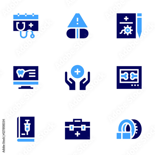 Medical icon set. Bold style. Duotone colors. medical report, medication, medical, x ray, medical care, medical book, first aid box, tomography