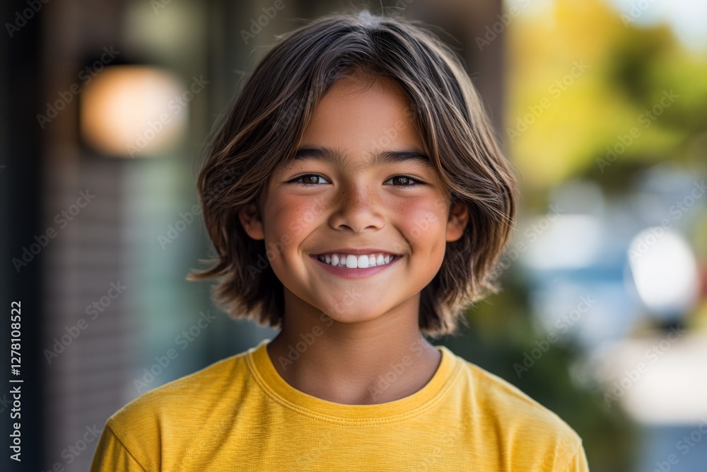 Young boy with a bright smile standing outdoors in a casual yellow shirt on a sunny day