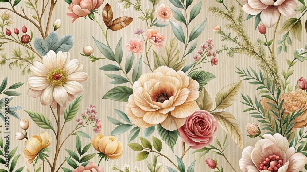 custom made wallpaper toronto digitalA Seamless Pattern of Delicate Watercolor-Style Botanical Illustrations Featuring a Diverse Array of Blooming Flowers and Lush Greenery on a Soft Neutral Background