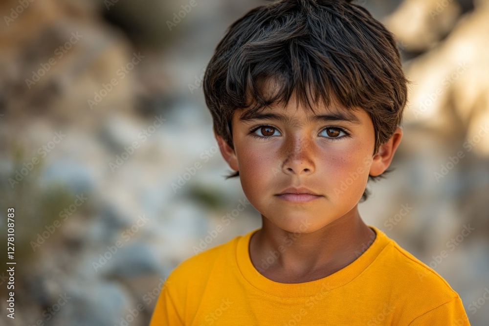 Young boy with dark hair wearing a yellow shirt stands against a rocky background in bright sunlight Young boy with dark hair wearing a yellow shirt stands against a rocky background in bright sunlight
