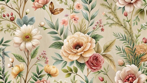 Wallpaper Mural A Seamless Pattern of Delicate Watercolor-Style Botanical Illustrations Featuring a Diverse Array of Blooming Flowers and Lush Greenery on a Soft Neutral Background Torontodigital.ca