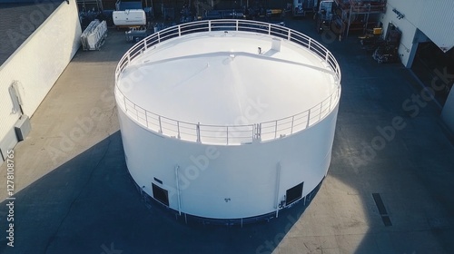 A high-angle view of a white cylindrical storage tank with a safety railing on top, set in an industrial facility.