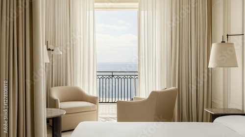 A hotel room with neutral-toned curtains framing a luxurious balcony overlooking the ocean.