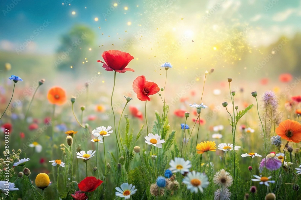 Fototapeta premium Vibrant Wildflower Meadow at Dawn, Illuminated by Golden Sunlight, Featuring Poppies and Daisies