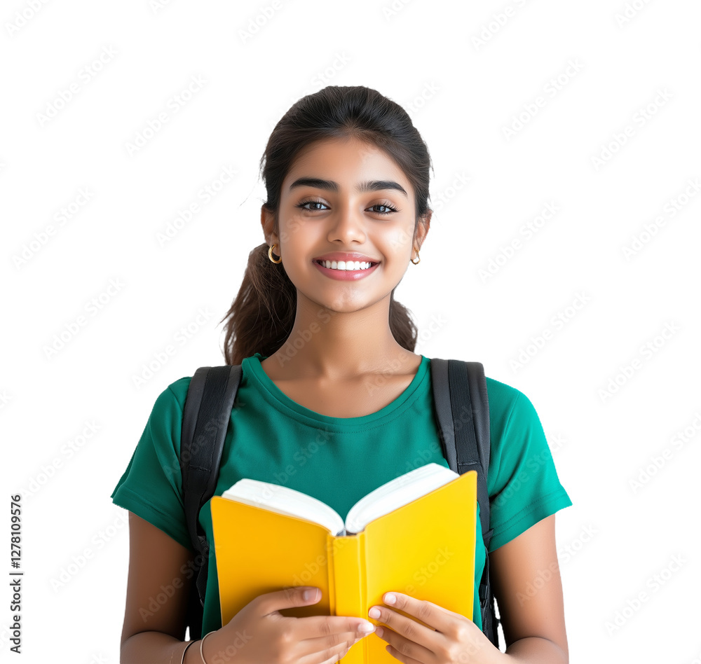 Young indian woman student portrait holding book happy smile isolated on white background