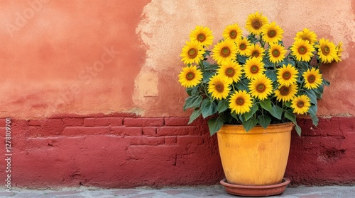 A large outdoor flower pot with bright sunflowers, set against a red brick wall on a summer day.