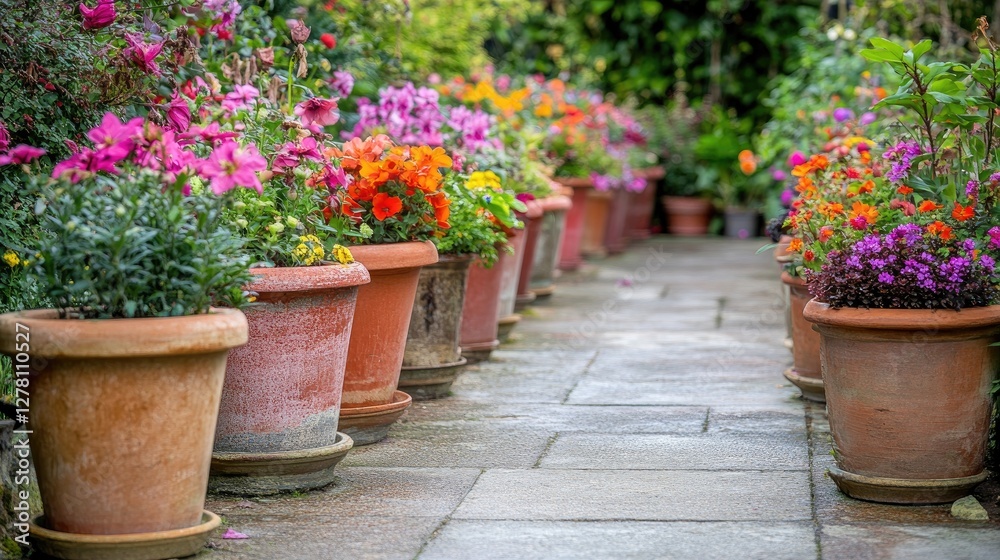 A line of assorted flower pots with different blooming plants, forming a colorful border along a garden path. A line of assorted flower pots with different blooming plants, forming a colorful border along a garden path.