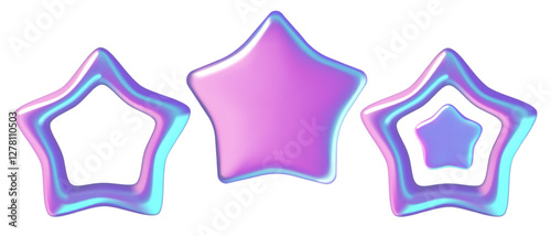 Stars 3d iridescent stickers. Purple and blue metallic gradient y2k shapes set. Vector illustrations isolated on white background.