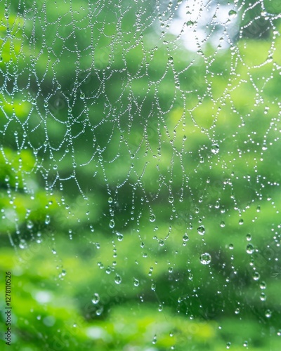 Nature's Web: Raindrops on Glass with Green Forest Backdrop