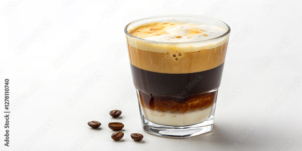 Delicious Coffee with Milk and Foam Isolated on a White Background, Perfect for Coffee Lovers Delicious Coffee with Milk and Foam Isolated on a White Background, Perfect for Coffee Lovers