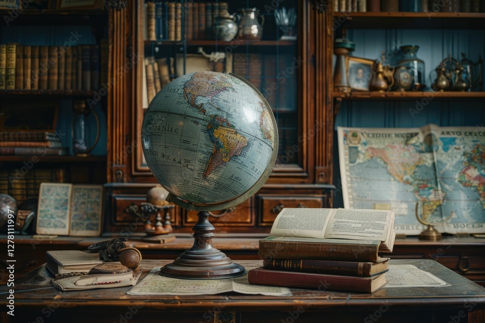 Antique globe sits on a wooden desk surrounded by old books and maps in a vintage study. Antique globe sits on a wooden desk surrounded by old books and maps in a vintage study.