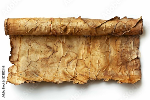 Aged, cracked parchment scroll, unfurled, showing texture and age.