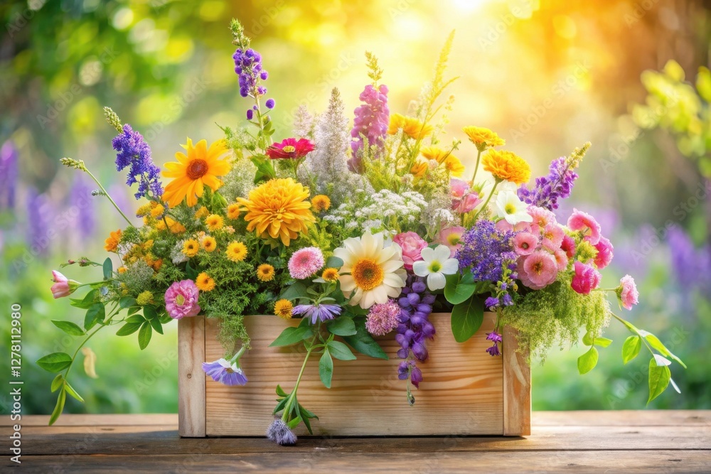 Vibrant Summer Wildflower Arrangement in Rustic Wooden Box on Wooden Table Outdoors Vibrant Summer Wildflower Arrangement in Rustic Wooden Box on Wooden Table Outdoors