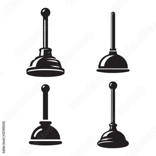 "High-Quality Plunger Vector Illustrations Black Silhouette Isolated on White Background"