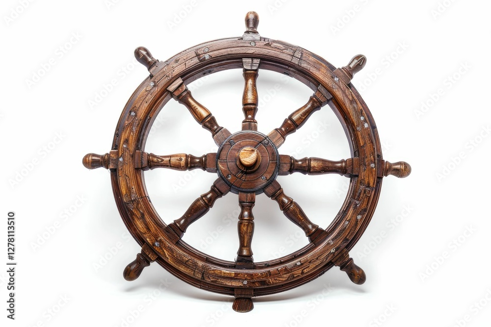 Obraz premium Antique wooden ship's wheel, nautical decor, aged, weathered, maritime.