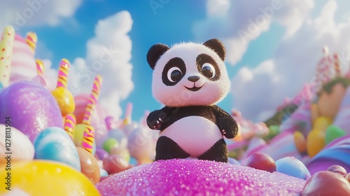 Panda plushie standing on a candy hill