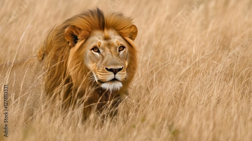 A lion standing in a field of tall, dry grass, nearly blending into its surroundings.