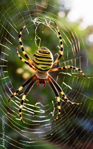 Wespenspinne, Zebraspinne, Tigerspinne oder Seidenbandspinne sitzt im Spinnennest photo