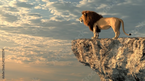 A lion standing on a high ledge, surveying the land below with a regal expression.