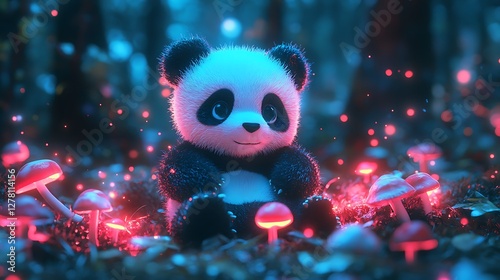 Panda plushie surrounded by glowing mushrooms