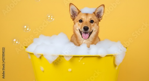 Joyful Dog Bath Time: A Happy Pup in a Yellow Tub