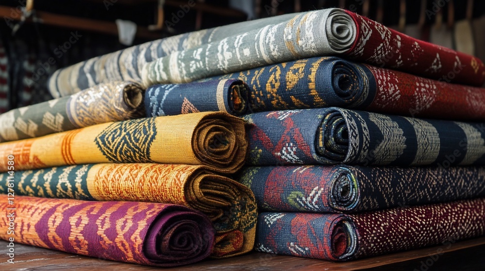 Stack of vibrant patterned textile rolls creates a textured and colorful image Stack of vibrant patterned textile rolls creates a textured and colorful image