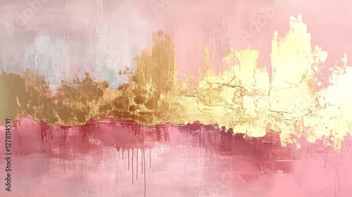 Gold and pink abstract painting with textured brush strokes beautifully displays