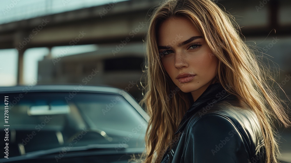 Stylish Young Woman with Long Hair Posing Next to Classic Car Stylish Young Woman with Long Hair Posing Next to Classic Car