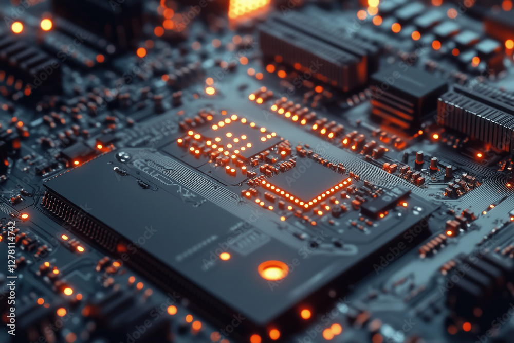 Close-up of a computer CPU with lights on on the circuit board. The image evokes technology and innovation. Close-up of a computer CPU with lights on on the circuit board. The image evokes technology and innovation.