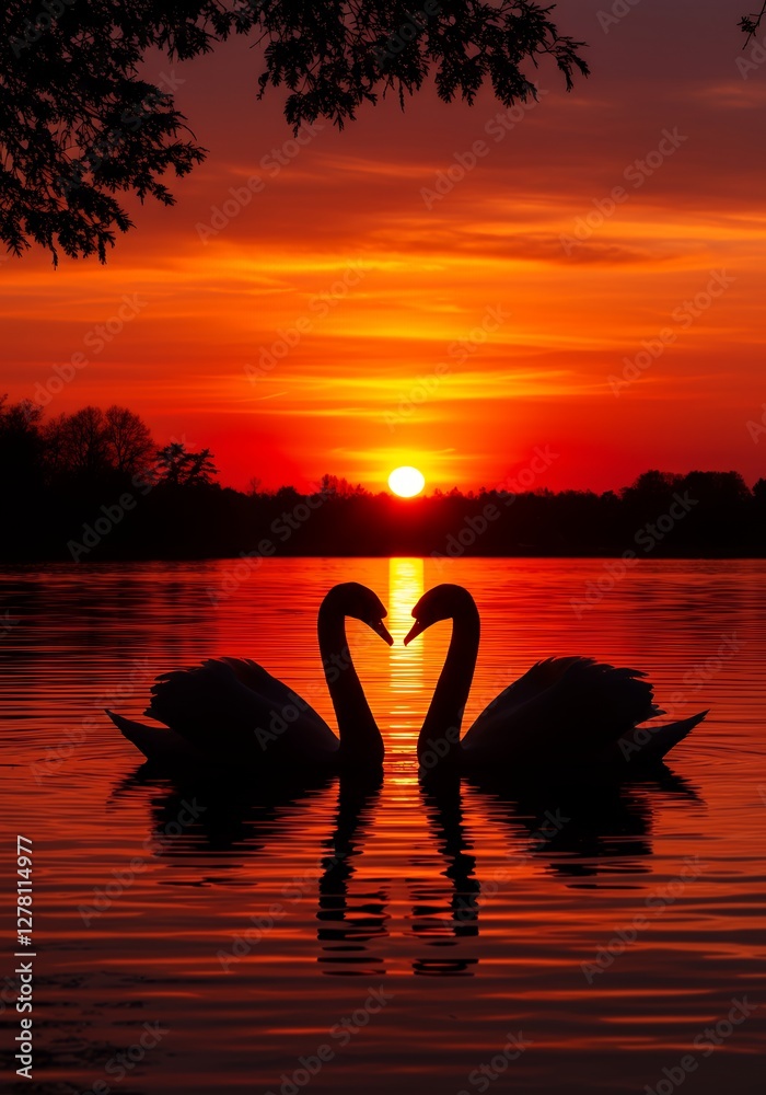 Fototapeta premium Romantic Swans Embrace at Sunset