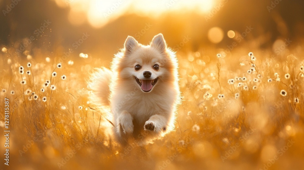 Obraz premium Joyful Pomeranian Puppy Running Through a Golden Hour Field
