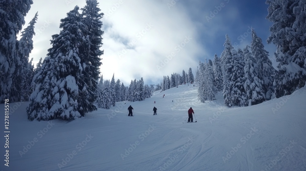 Skiers descend a snowy mountain slope towards a lodge nestled in a snow-covered pine forest under a partly cloudy sky.
Skiers descend a snowy mountain slope towards a lodge nestled in a snow-covered pine forest under a partly cloudy sky.