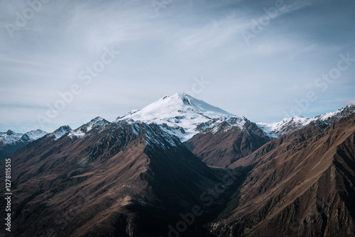 View of the highest mountain in Europe and the valley. Elbrus